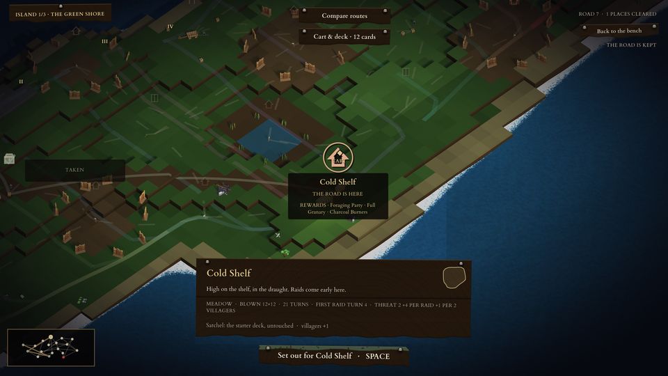 The island from above: coastline, villages, towers, tracks, and the ox cart